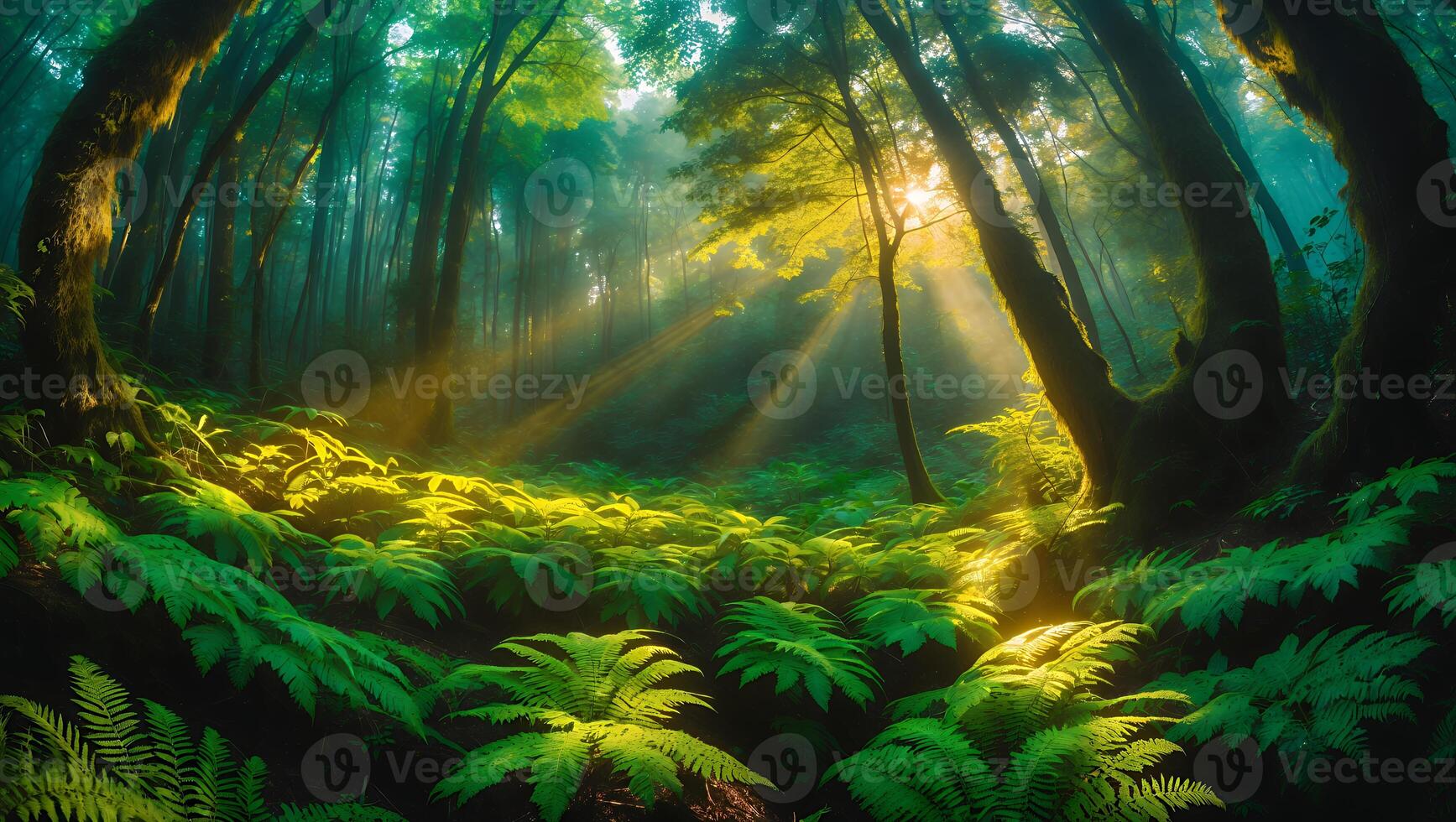 Sunlight Through Tree in Forest with Green Ferns photo