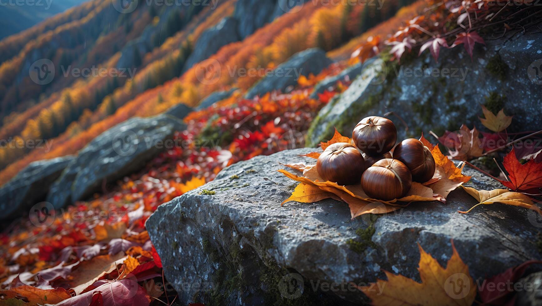 Chestnut on Stone with Autumn Leaves and Mountain Scenery photo