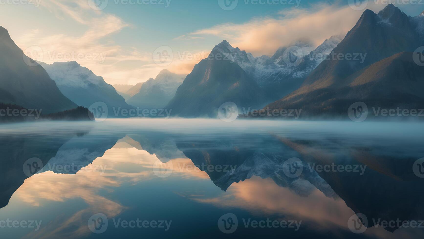 Mountain Reflection in Lake with Mist at Sunrise photo