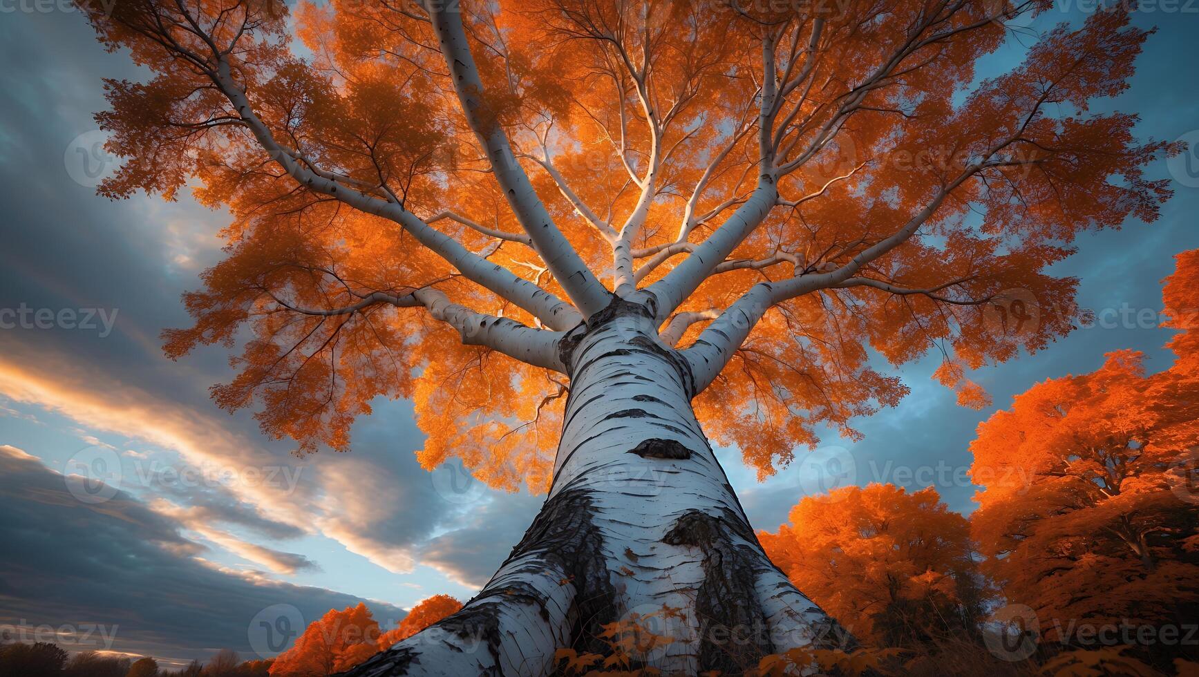 Autumn Birch Tree with Orange Leaves Against Cloudy Sky photo