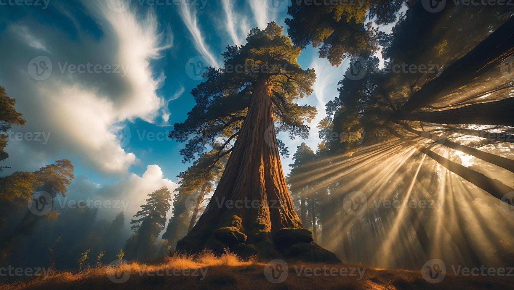 Majestic Tree in the Forest with Sunlight and Blue Sky photo