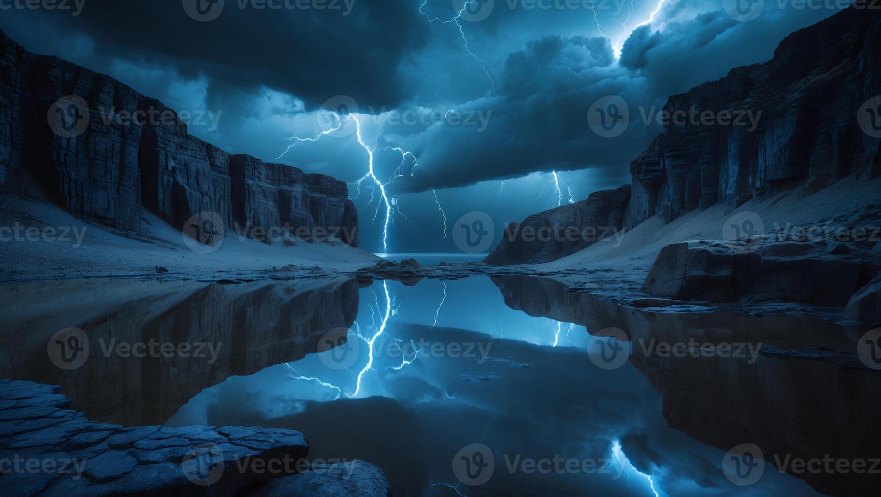 Landscape with Lightning and Water Reflection photo