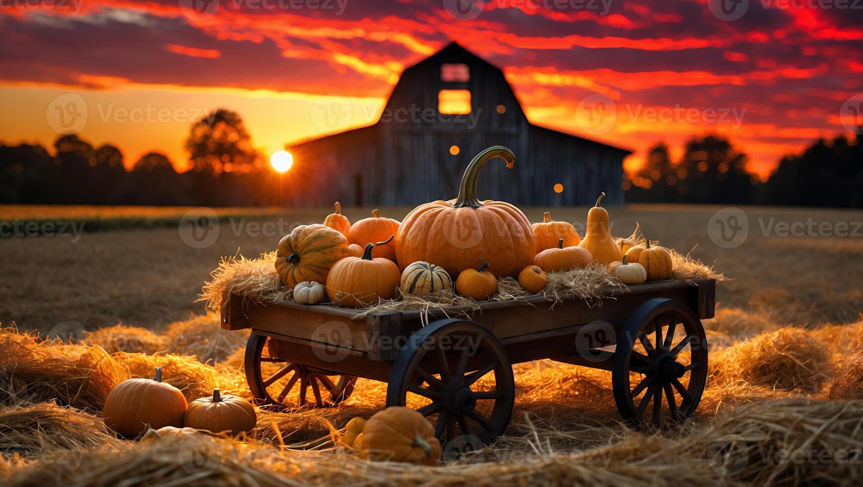 Pumpkins on Wagon with Barn and Sunset photo