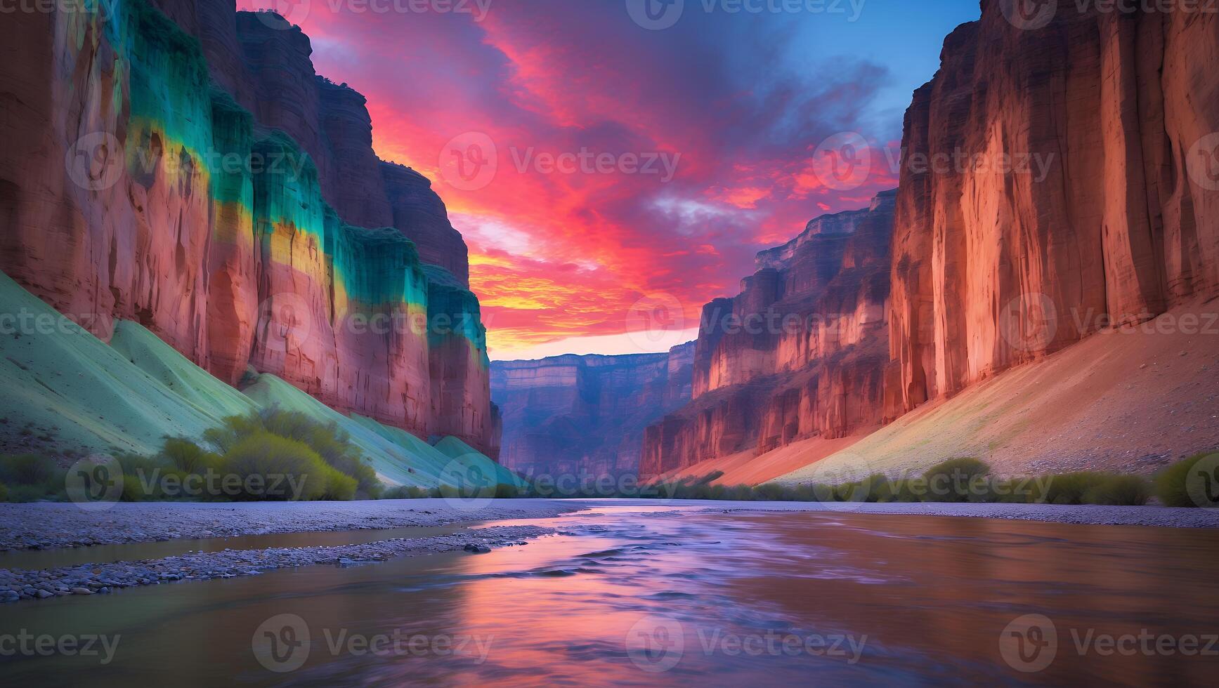 Scenic Canyon Landscape with River and Colorful Sky photo