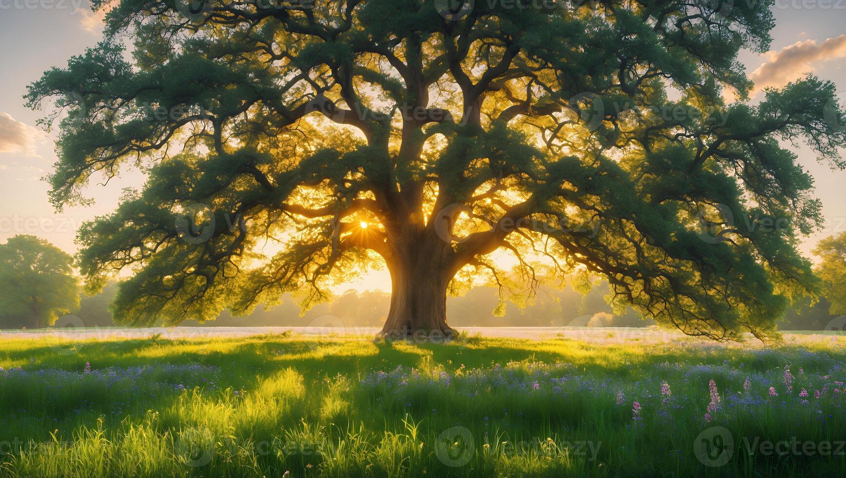 Large Tree with Light Through Branches in Grassy Field photo