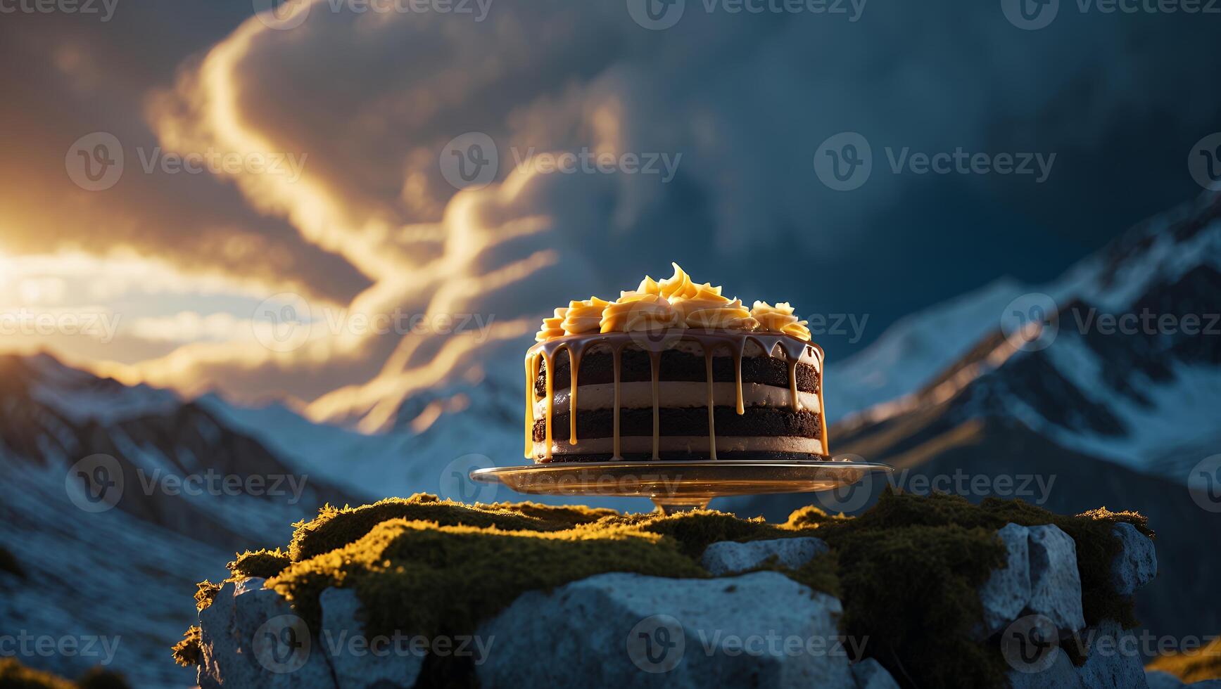 Cake with Caramel Icing Atop Mountain Rocks Against Cloudy Sky photo