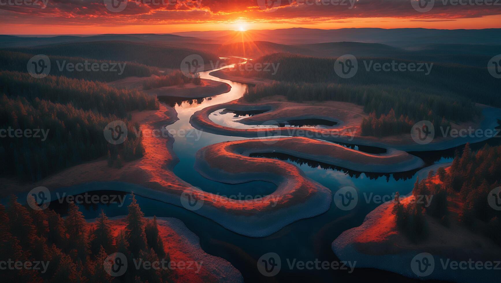 River Winds Through Forest at Sunrise Aerial View photo