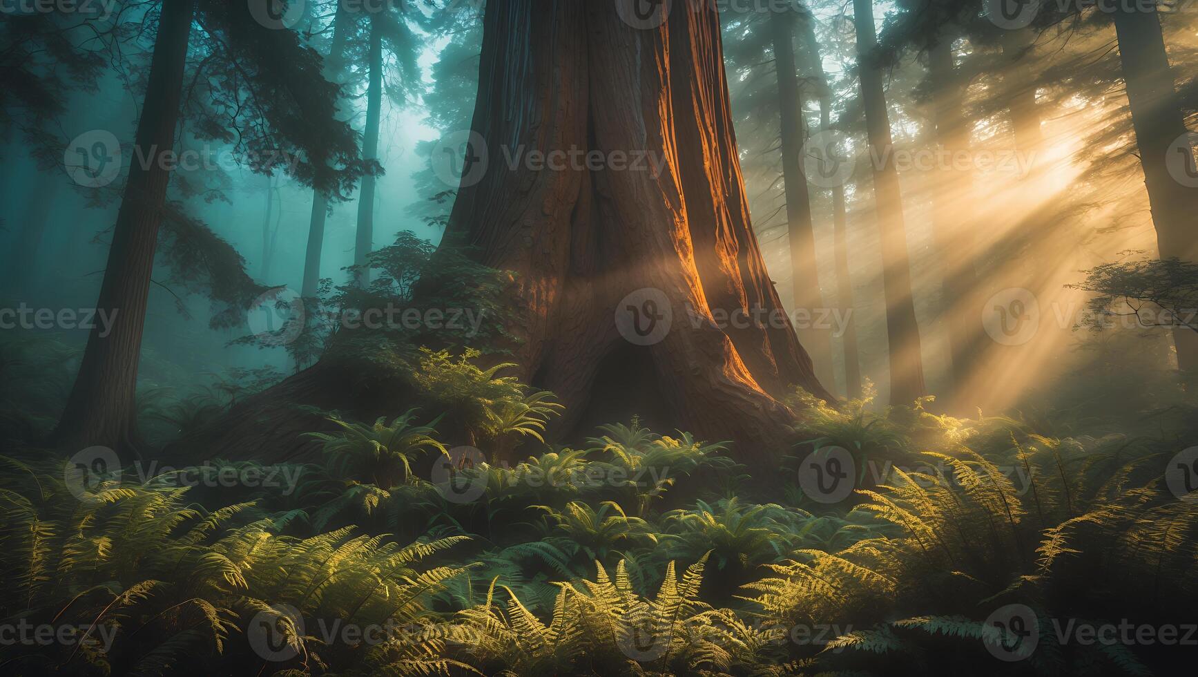 Giant Tree in Forest with Sunlight and Green Ferns photo