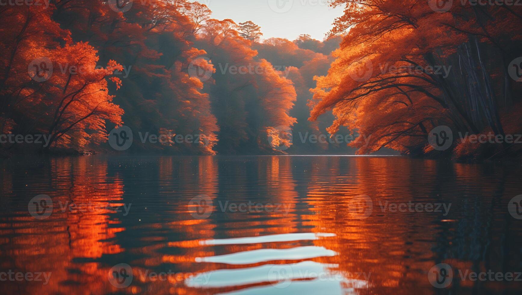 Autumn Forest Reflecting on Lake Water photo