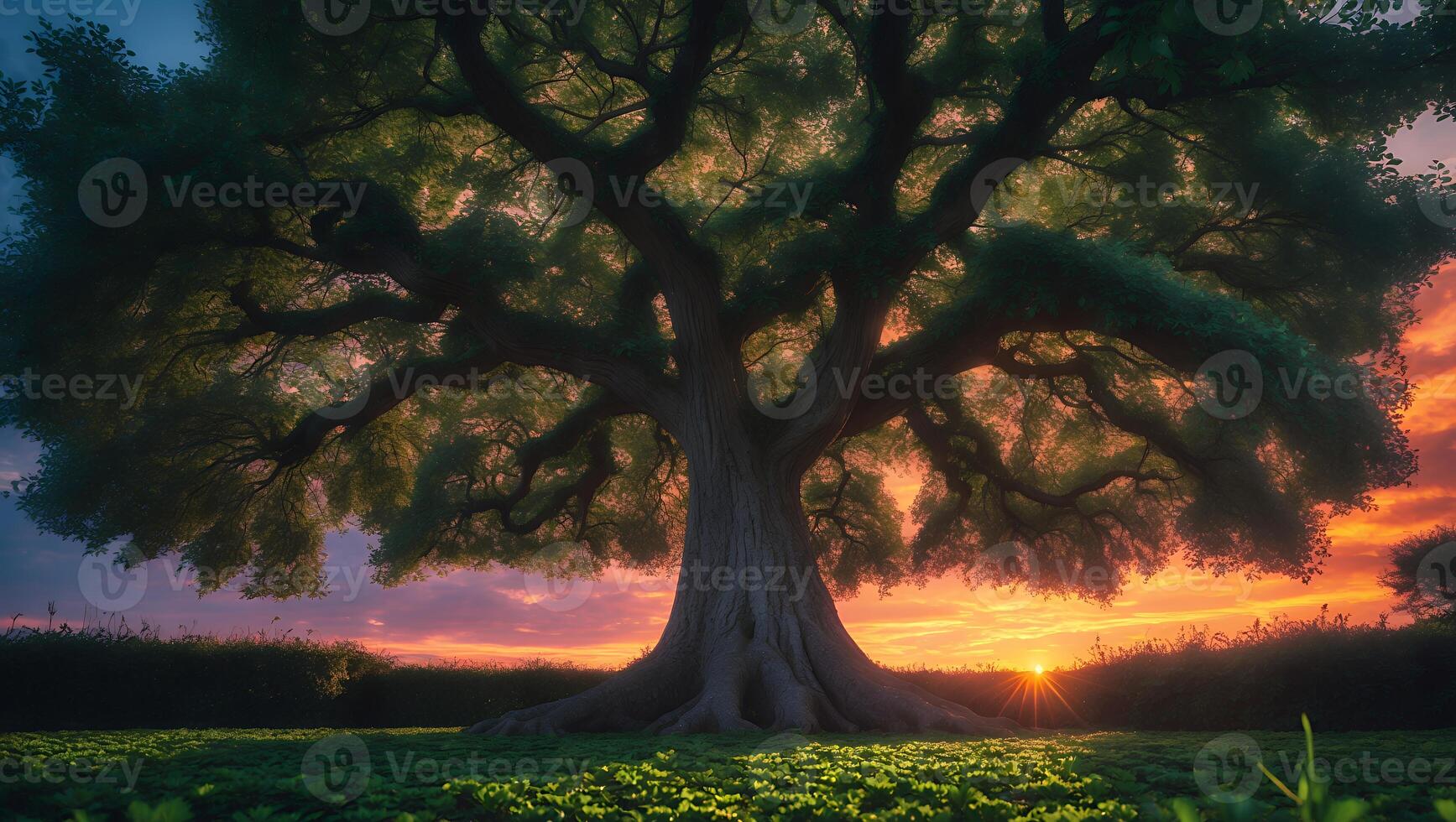 Large Tree in Meadow at Sunset photo