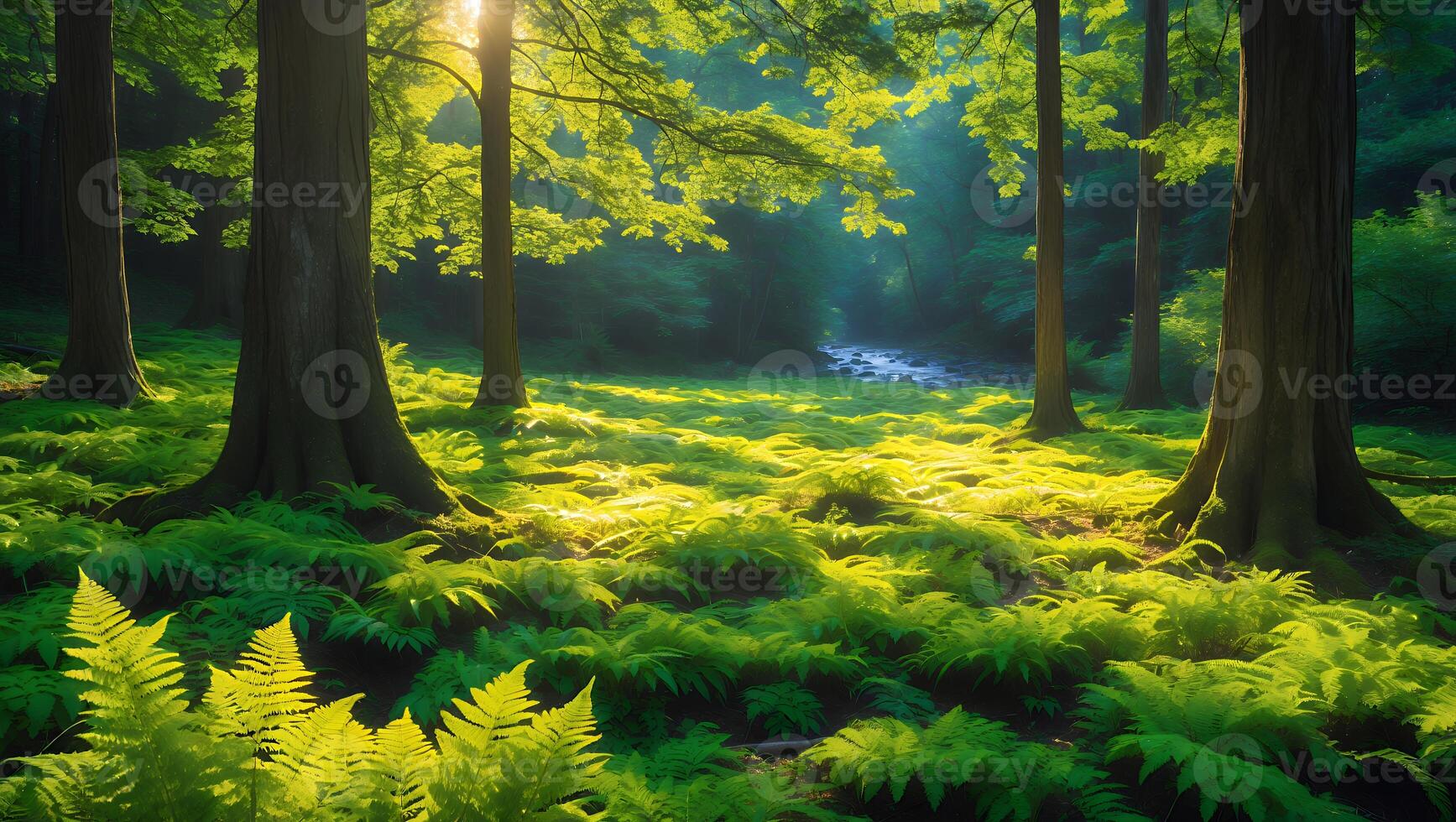 Sunlit Forest with Green Ferns and Tall Trees photo