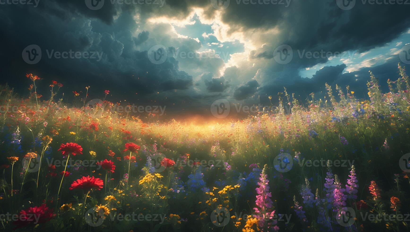 Colorful Wildflower Field Under Dramatic Cloudy Sky photo