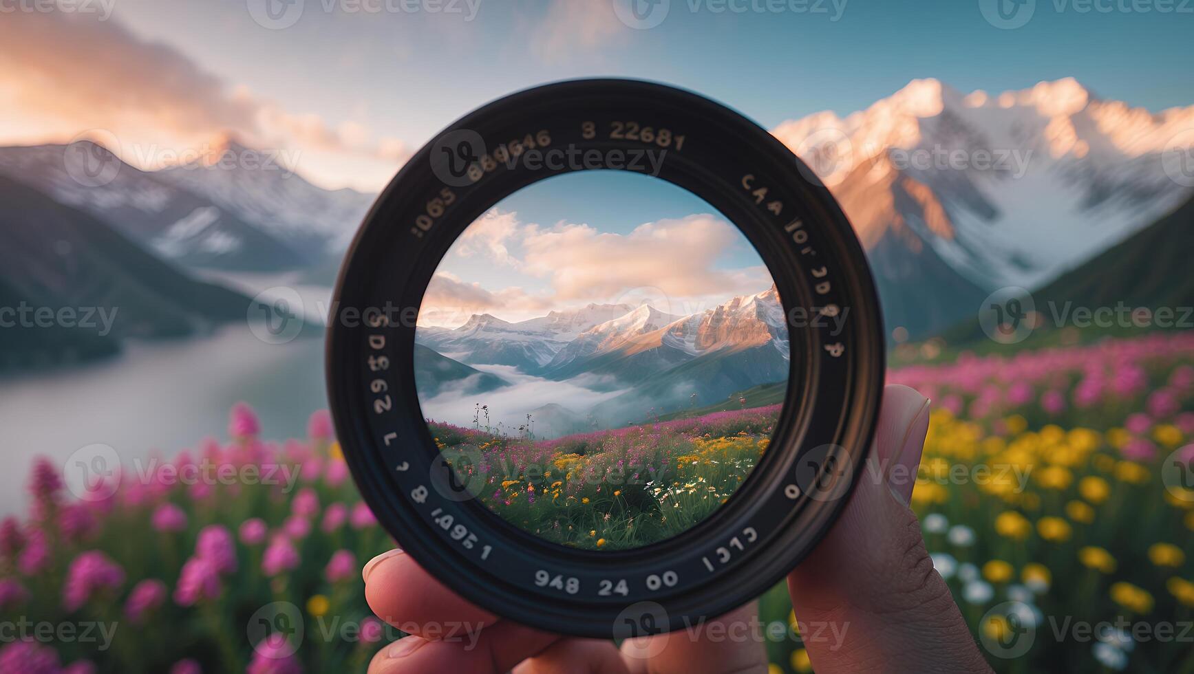 Mountain View Through Camera Lens in Flower Field photo