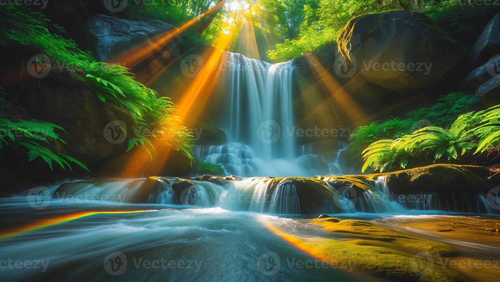 Waterfall with Sun Rays and Lush Greenery in Scenic Nature View photo