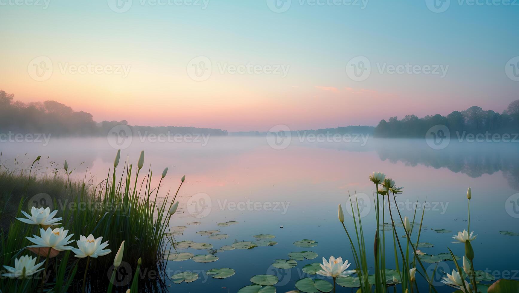 Water Lily on a Lake at Sunset with Mist photo