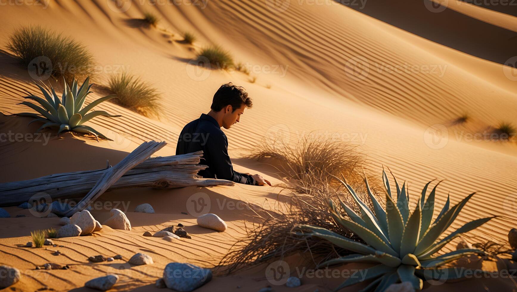 Man in Desert Touching Sand Dune Landscape photo