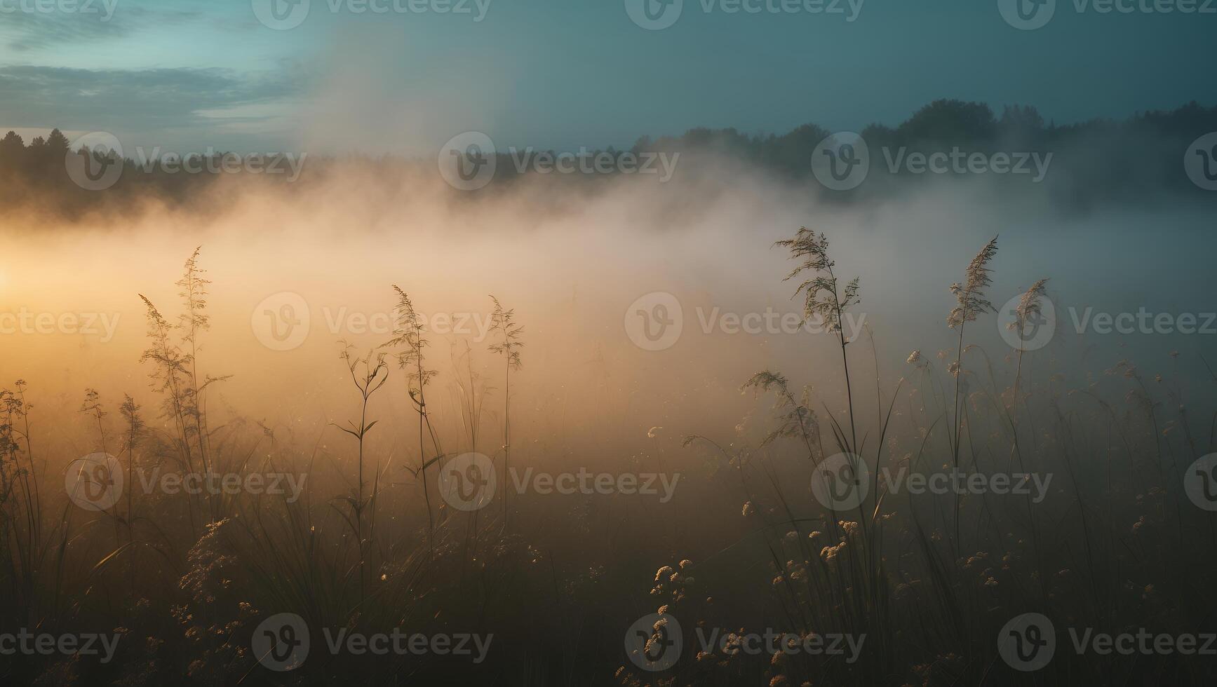 Foggy Field with Grass and Trees in the Background photo