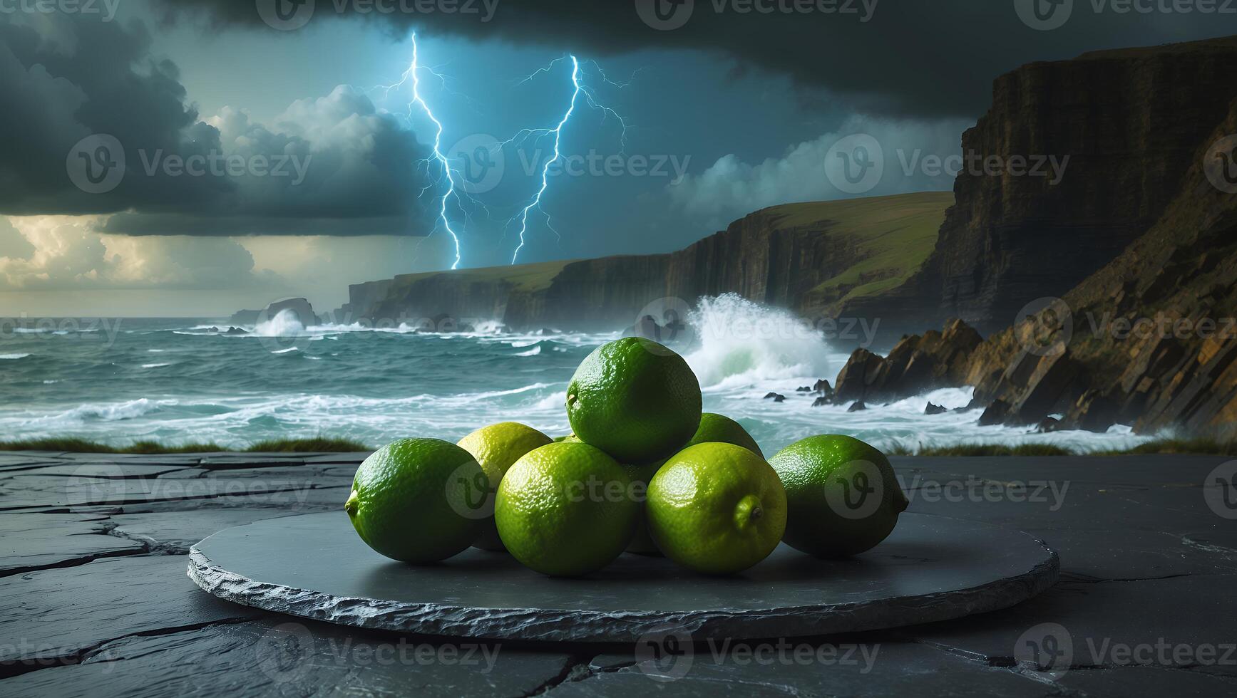 Limes on Slate Plate with Ocean and Cliffs Backdrop photo