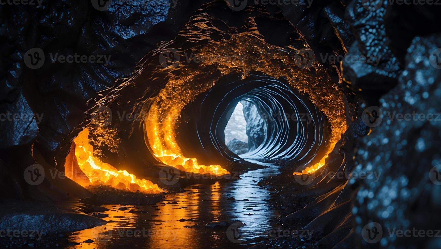 Cave with Flowing Lava Stream Inside Dark Rock Tunnel photo