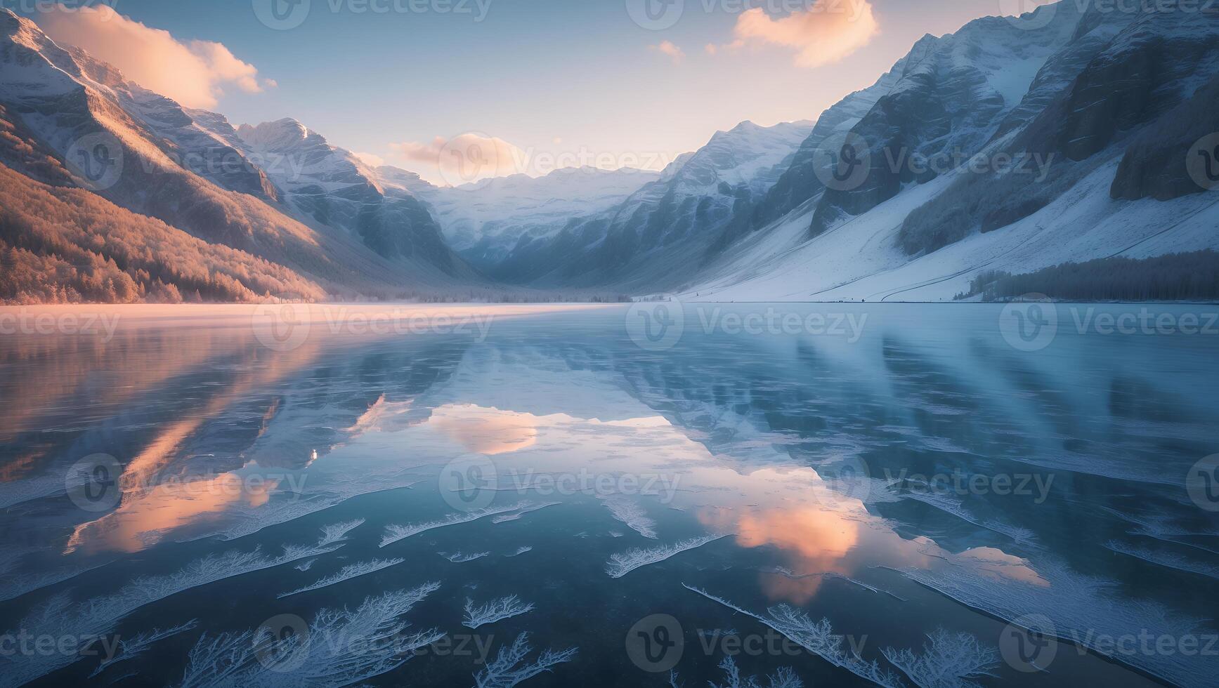 Snowy Mountain Reflection on Frozen Lake photo