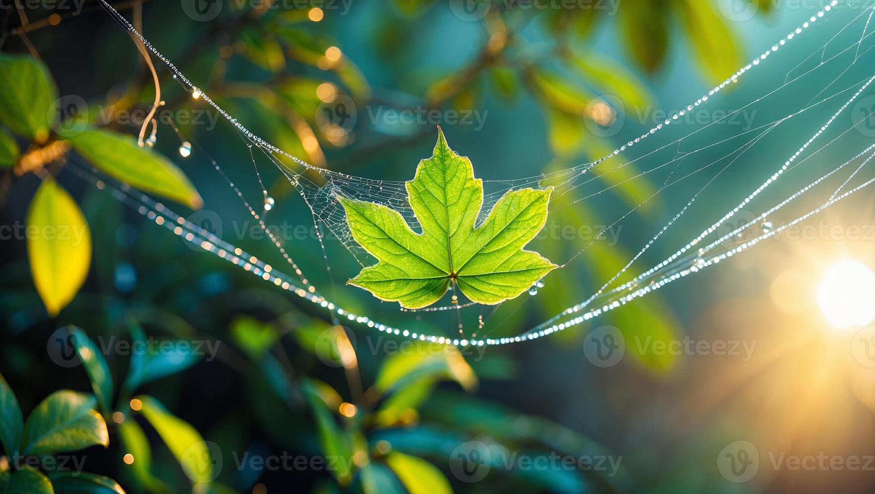 Leaf on Web with Dew Drops and Sunlight photo