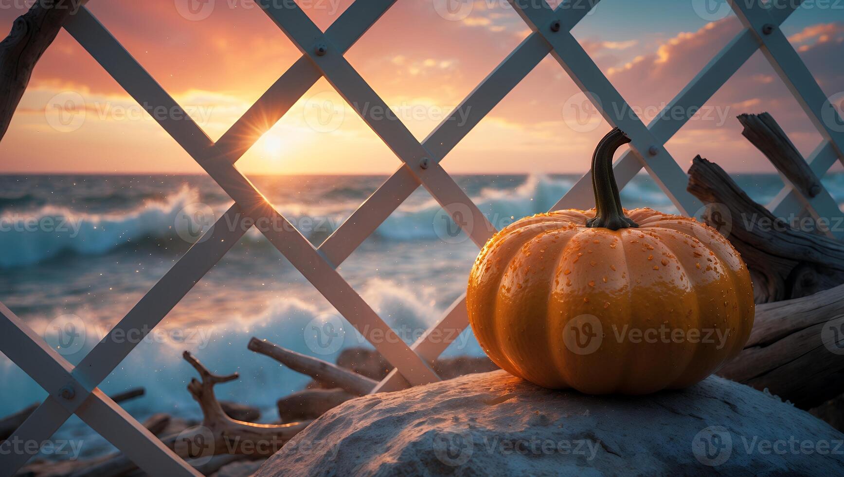 Pumpkin on Rock with Ocean Sunset Scene photo