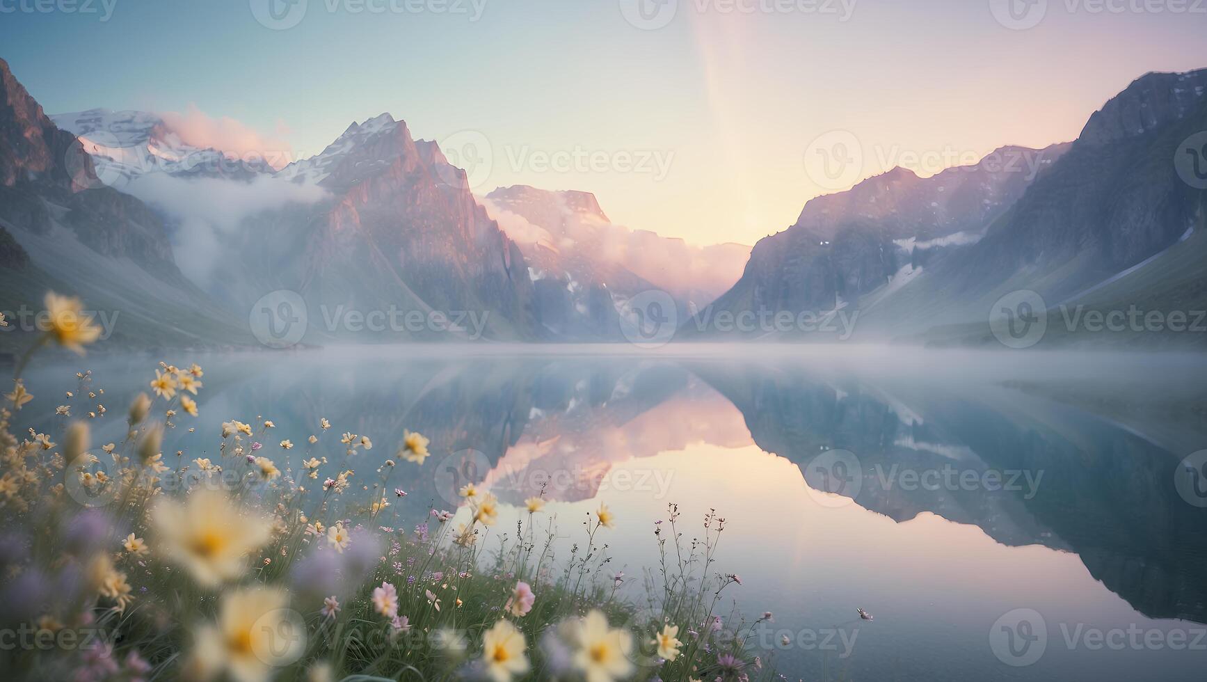 Mountain Lake Reflection with Wildflowers in Peaceful Landscape photo