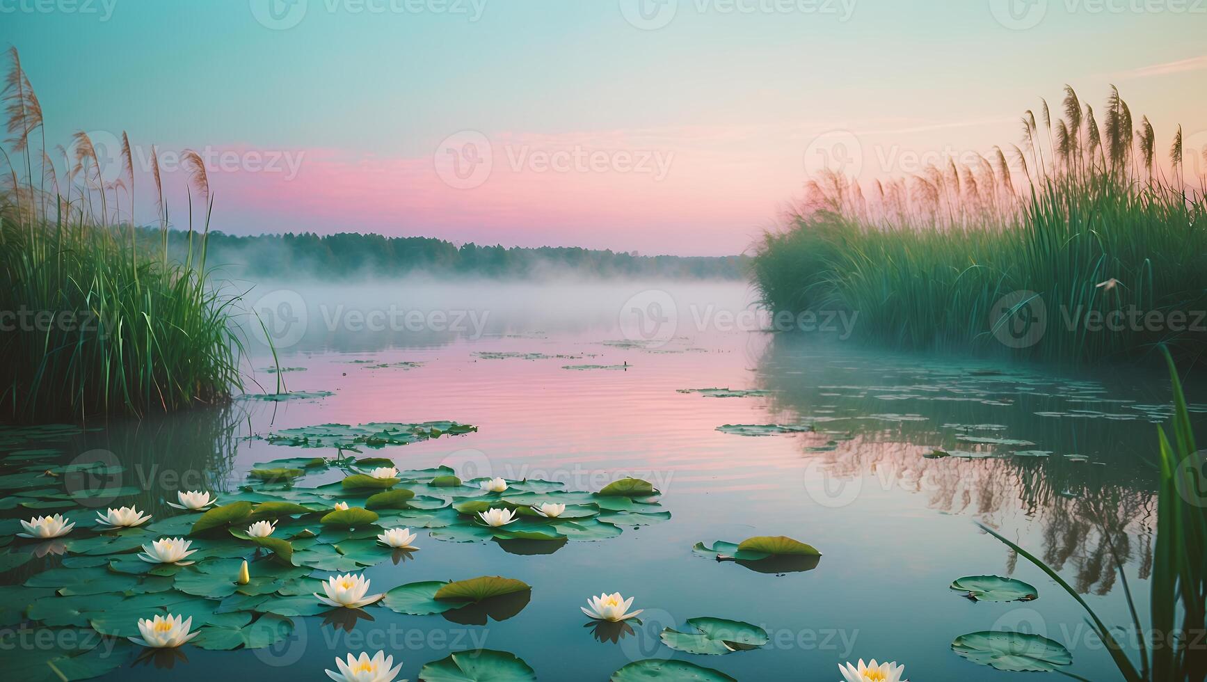 Water Lilies on Lake at Sunrise photo