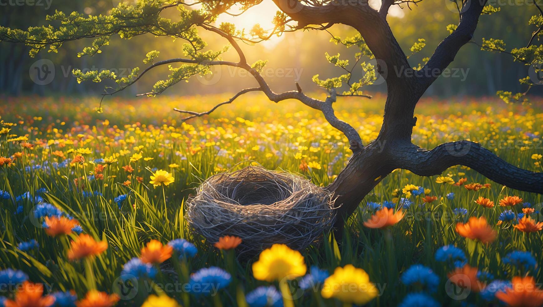 Bird Nest in a Flower Field Under a Tree photo
