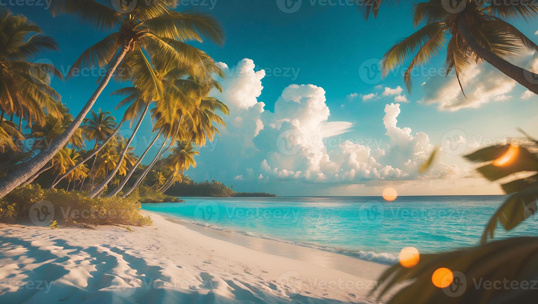 Tropical Beach with Palm Trees and Blue Ocean photo