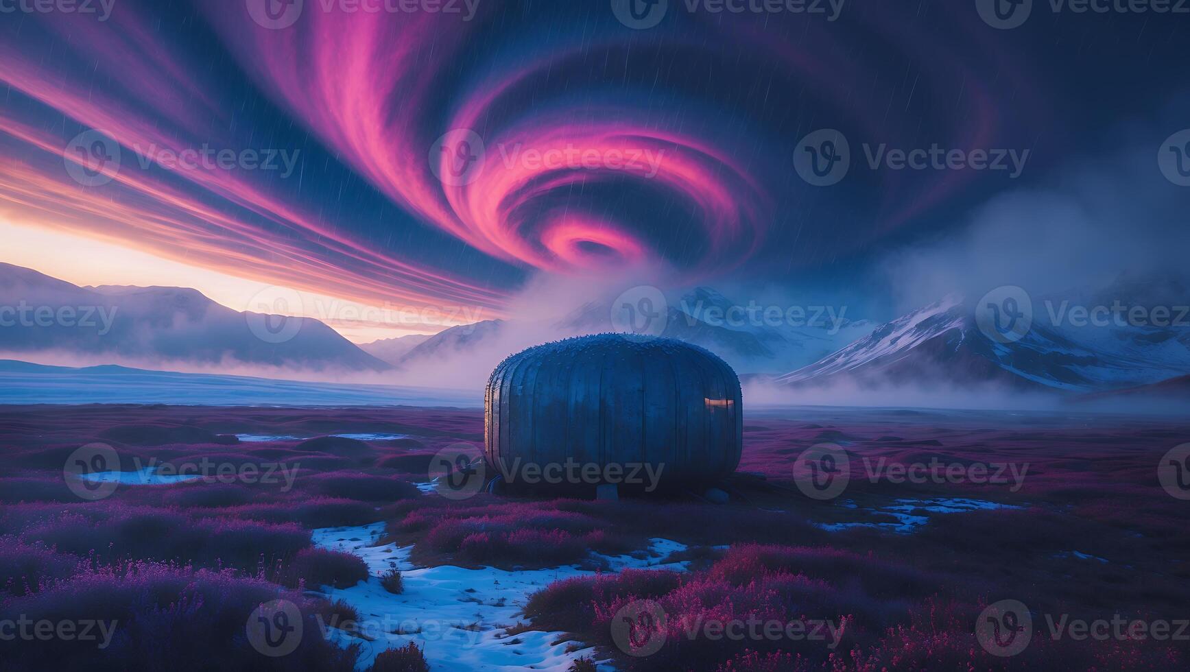 Capsule Home in Snowy Field with Aurora Sky photo