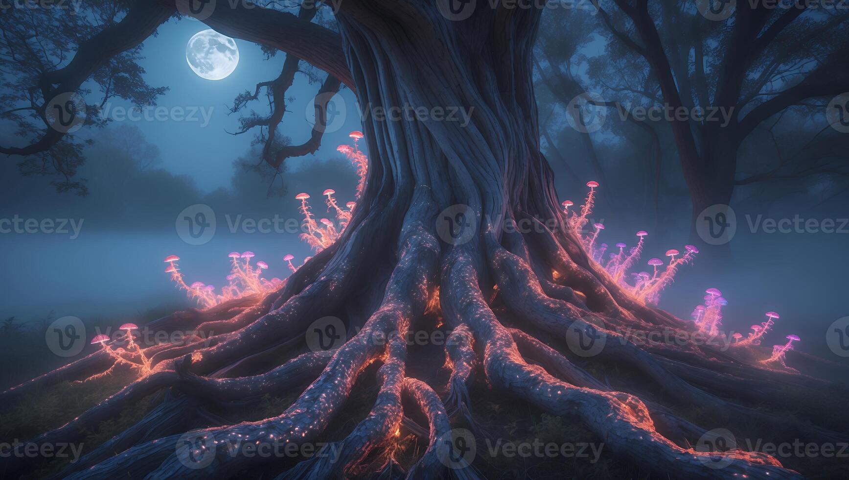 Mystical Glowing Mushrooms on Old Tree Roots photo