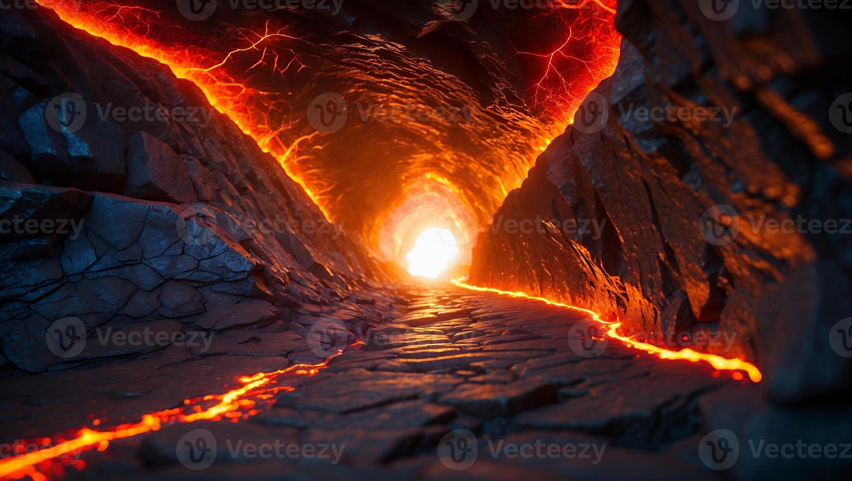 Volcanic Cave Tunnel with Lava Glowing Edges photo