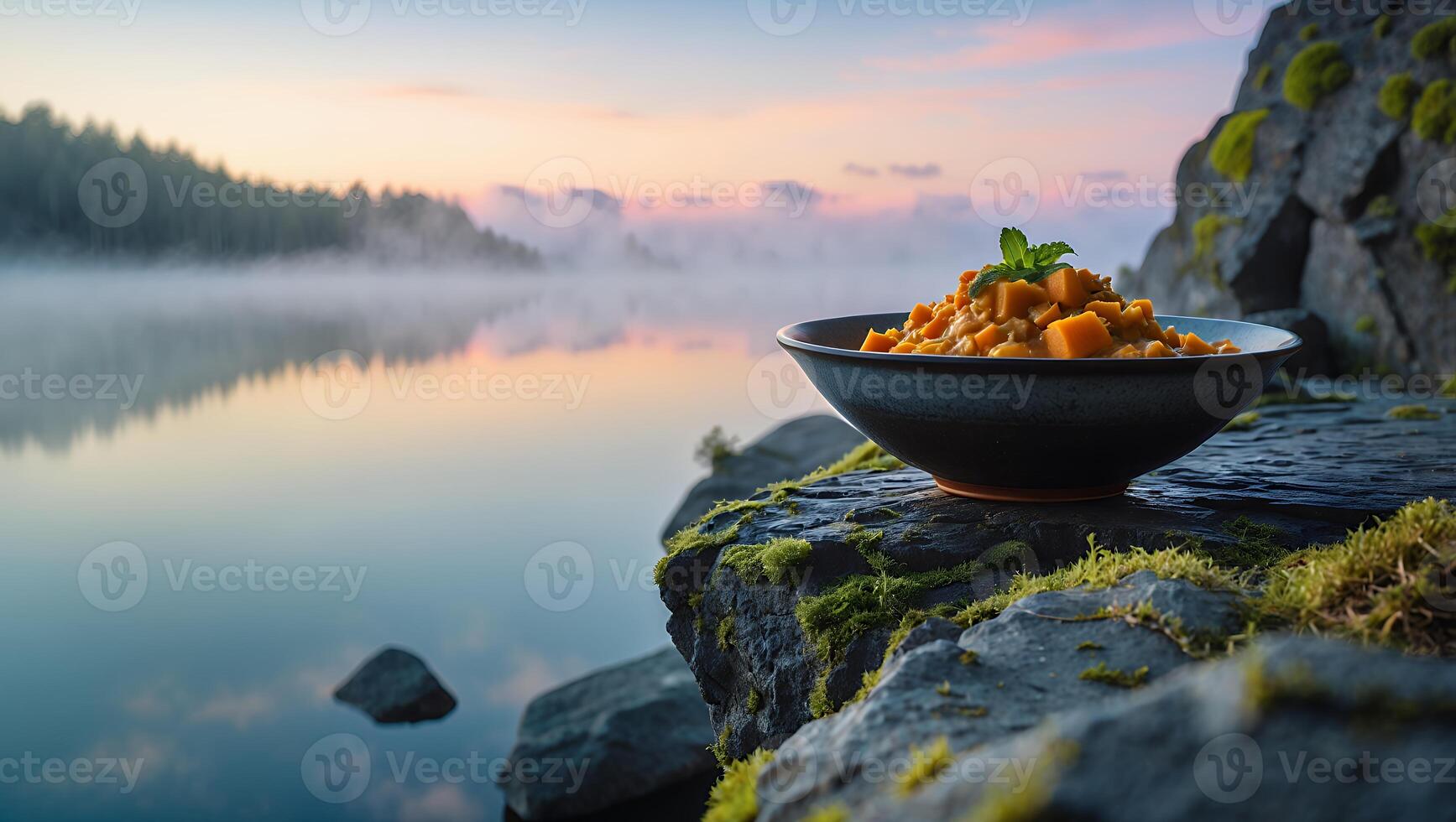 Bowl of Food on Rock Overlooking Misty Lake at Sunrise photo