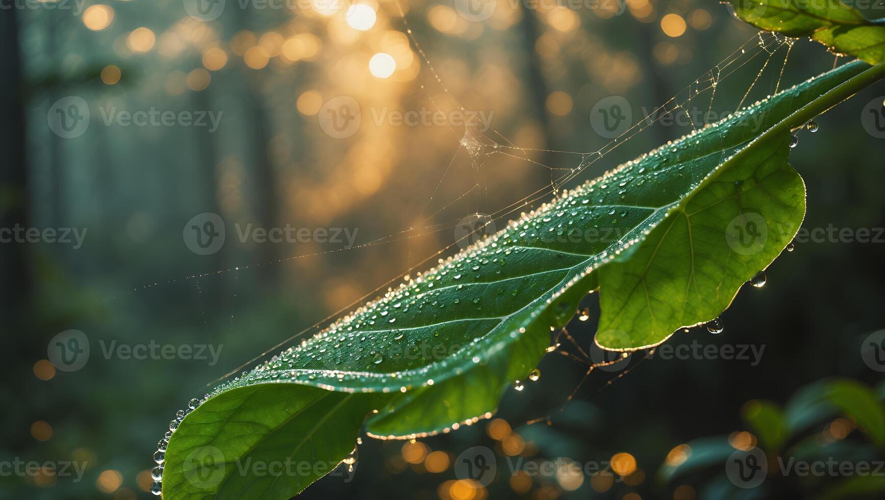 Leaf with Dew Drops and Spider Web in Forest photo