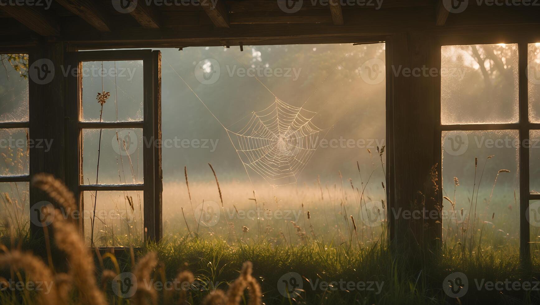 Spiderweb in Window with Foggy Meadow View photo