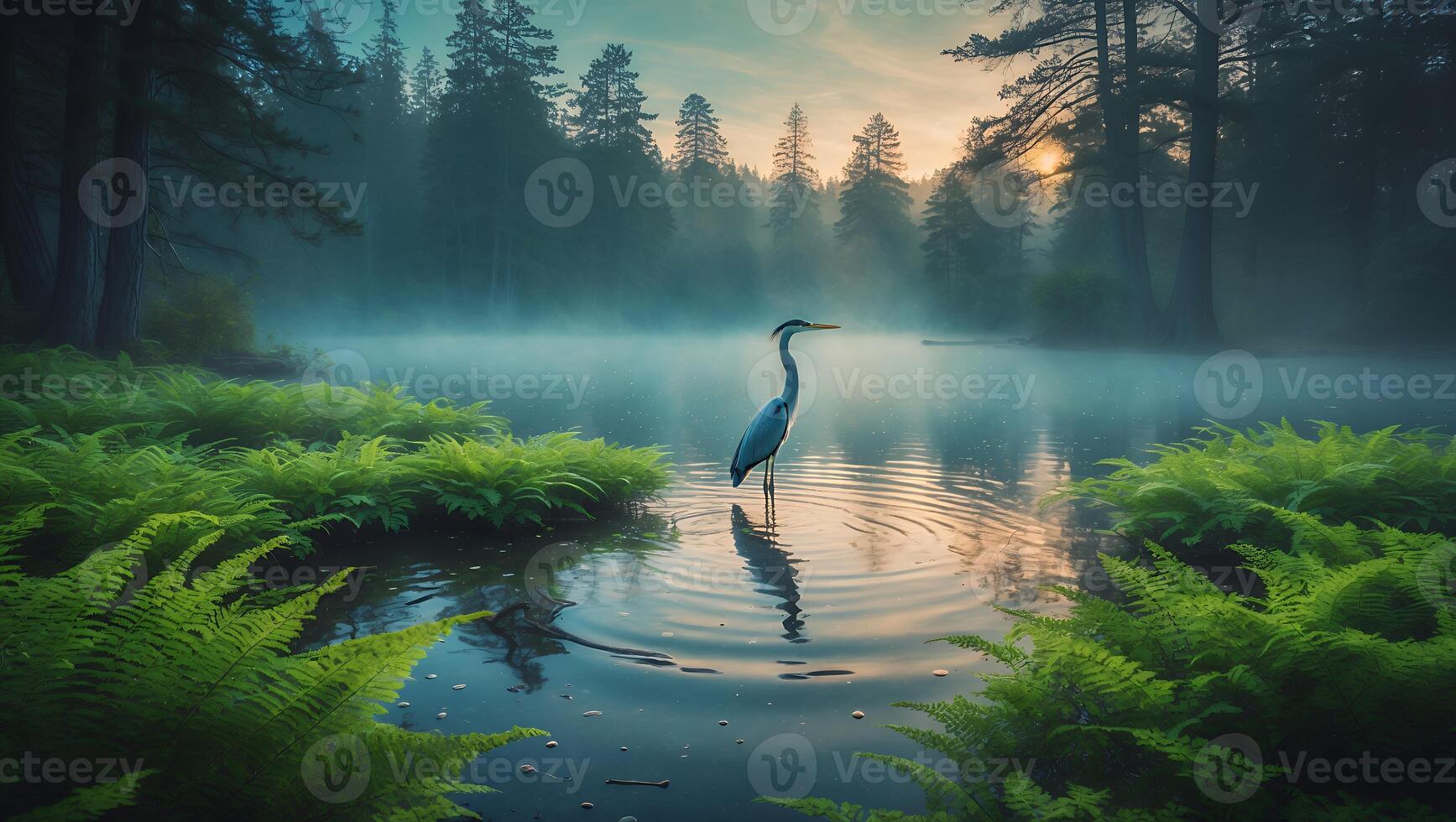 Heron Stands in Misty Lake Surrounded by Green Ferns and Tall Trees photo