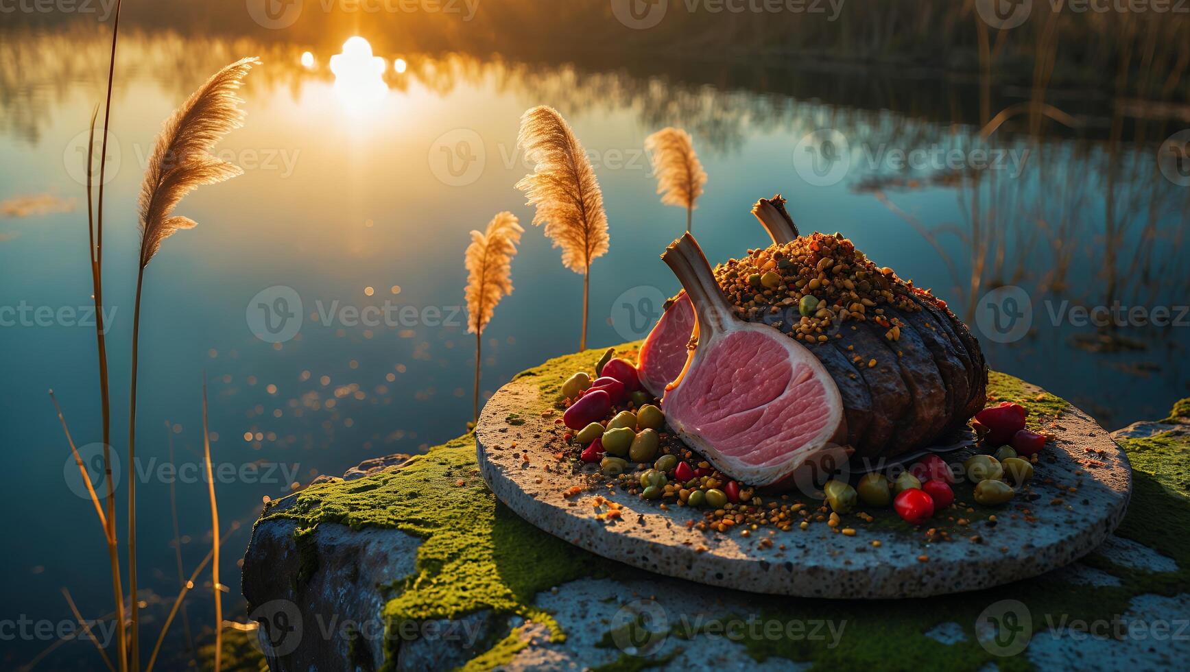Rack of Lamb on Stone with River at Sunset photo