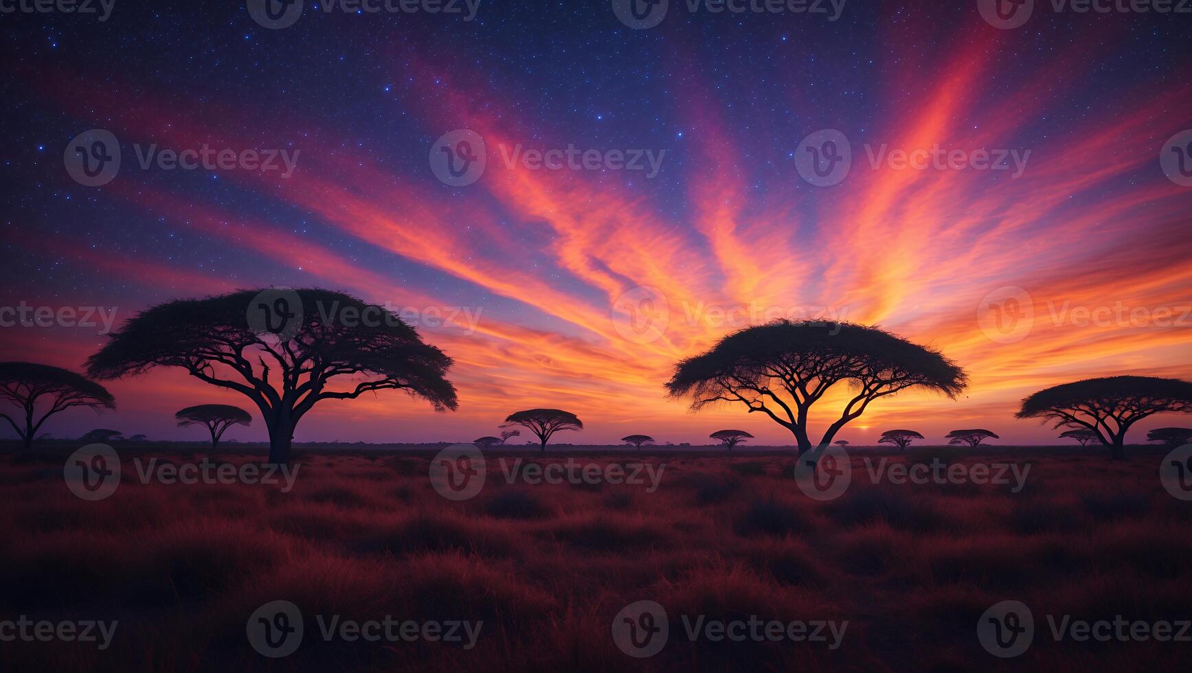 African Trees at Sunset Under a Starry Sky photo