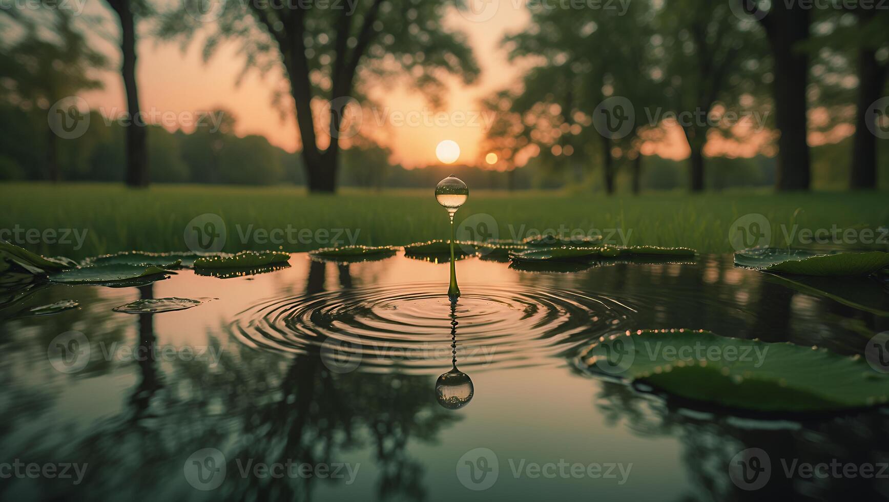 Water Drop Falling Into Pond at Sunset with Lily Pads photo