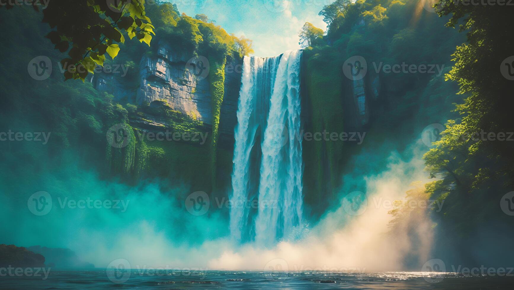Waterfall Flowing Through Lush Forest Landscape photo