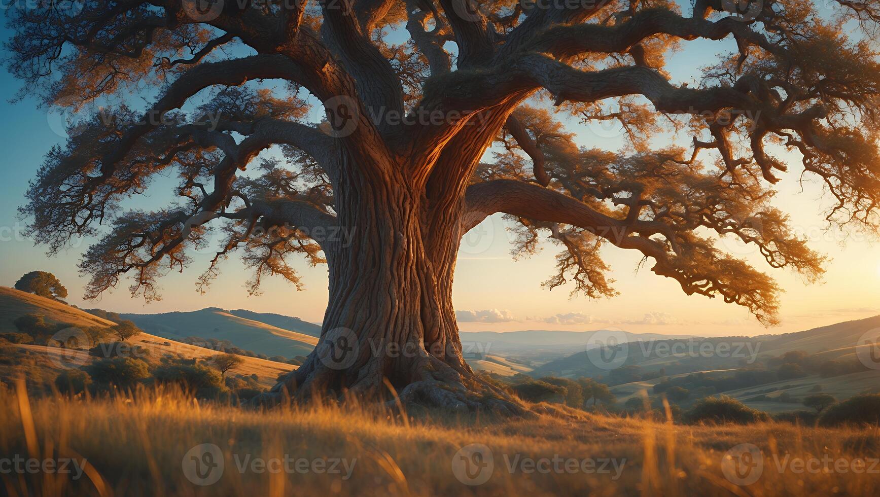 Majestic Old Tree on Hillside at Sunset photo