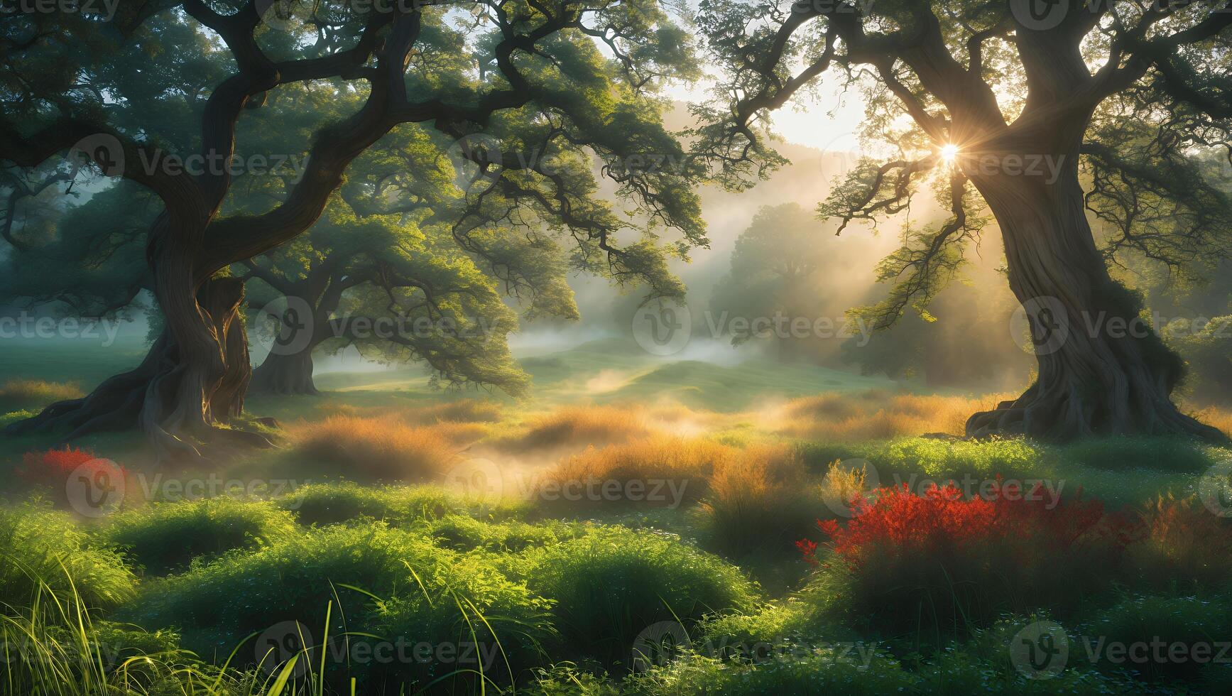 Foggy Forest with Sunlight Streaming Through Ancient Trees photo