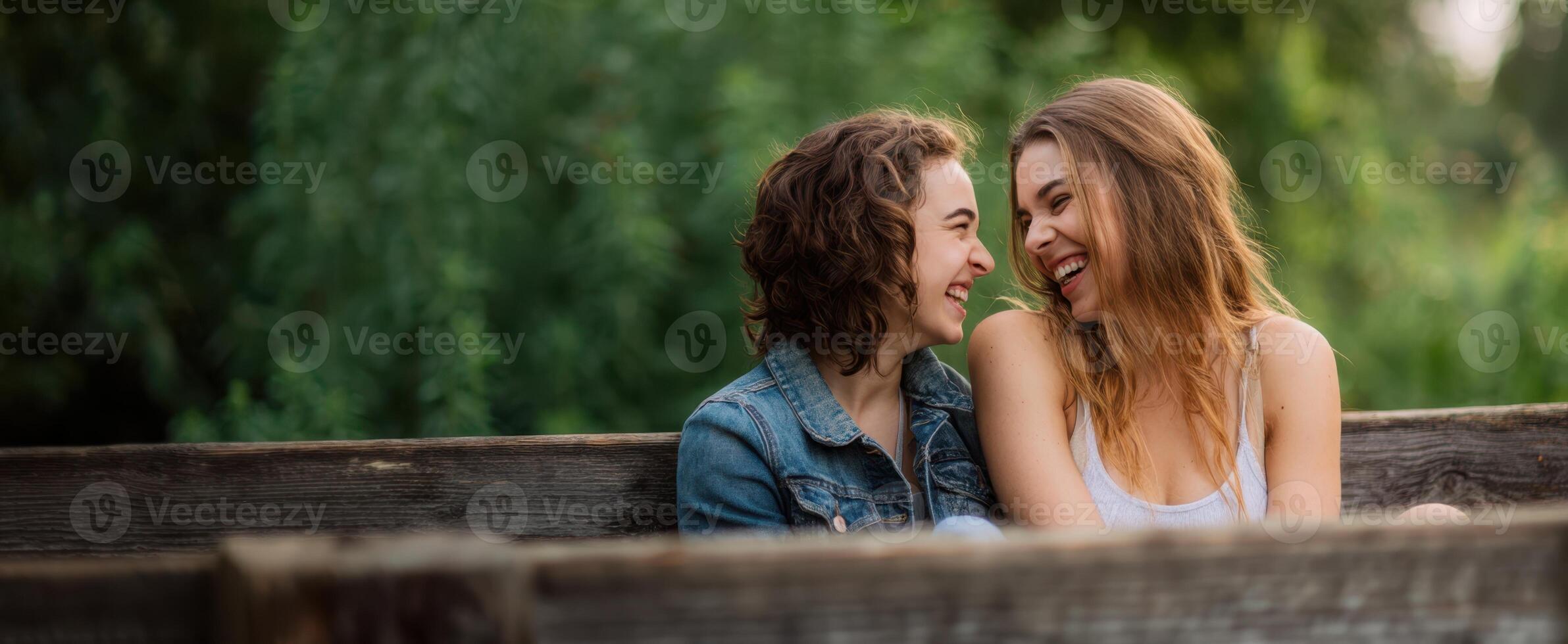 The joyful moment of two friends laughing together in nature. photo