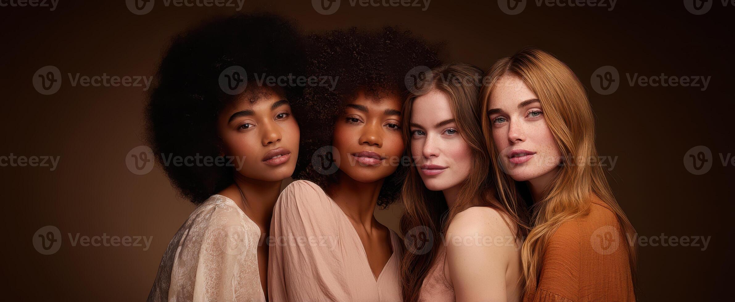 The group of diverse women showcasing beauty and confidence in a warm setting. photo