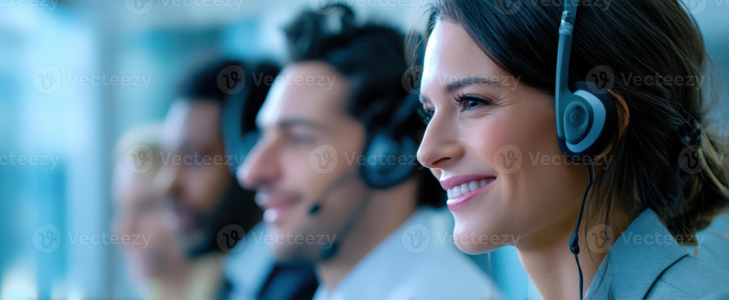 The professional team providing customer service with headsets in a modern office. photo