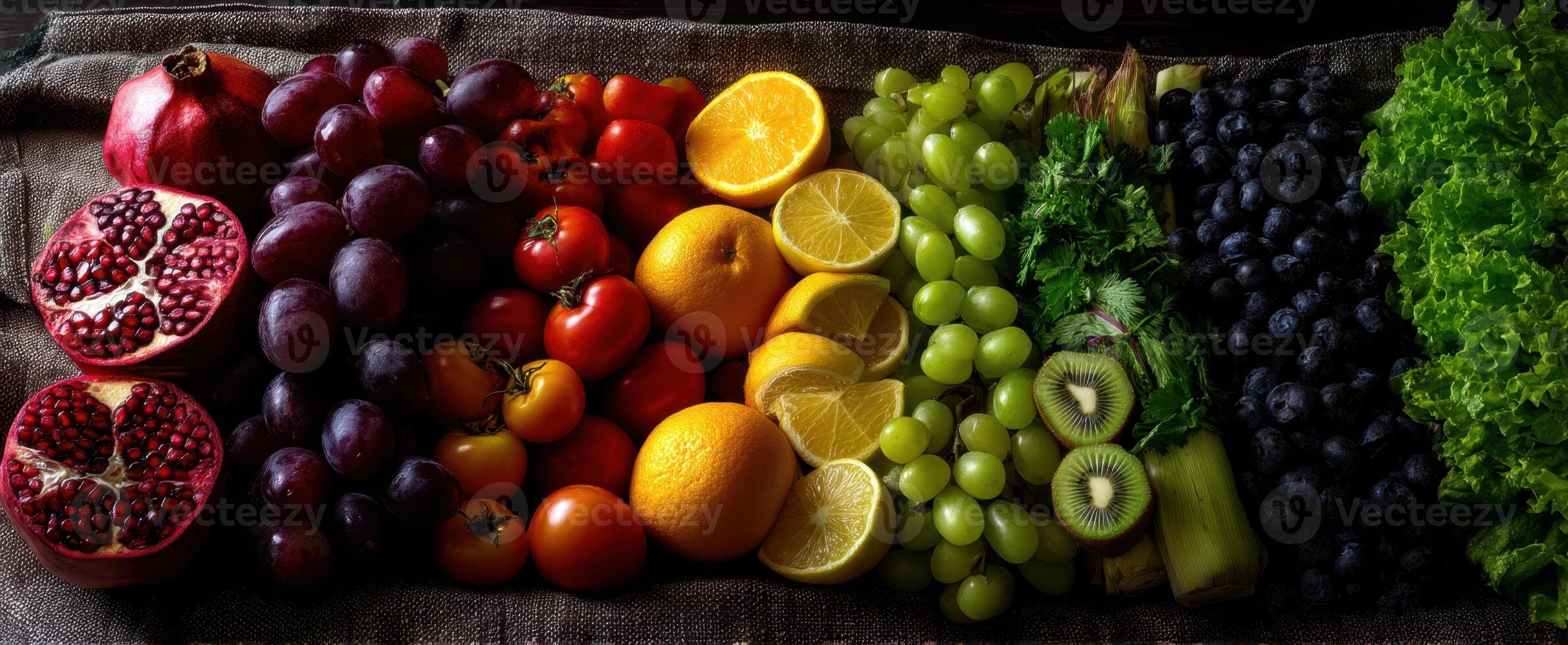 The Colorful Display of Fresh Fruits and Vegetables on Linen. photo