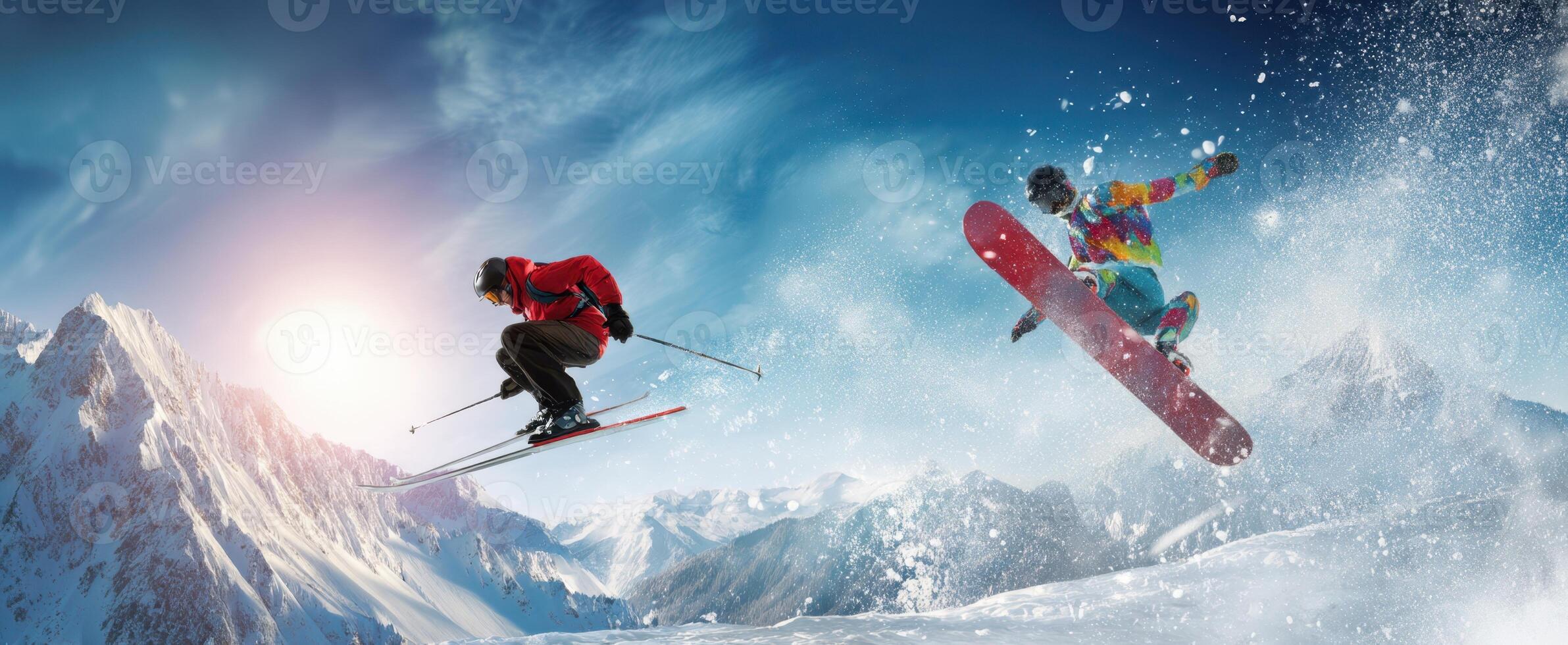 The exhilarating moment of skiers and snowboarders capturing winter thrills. photo