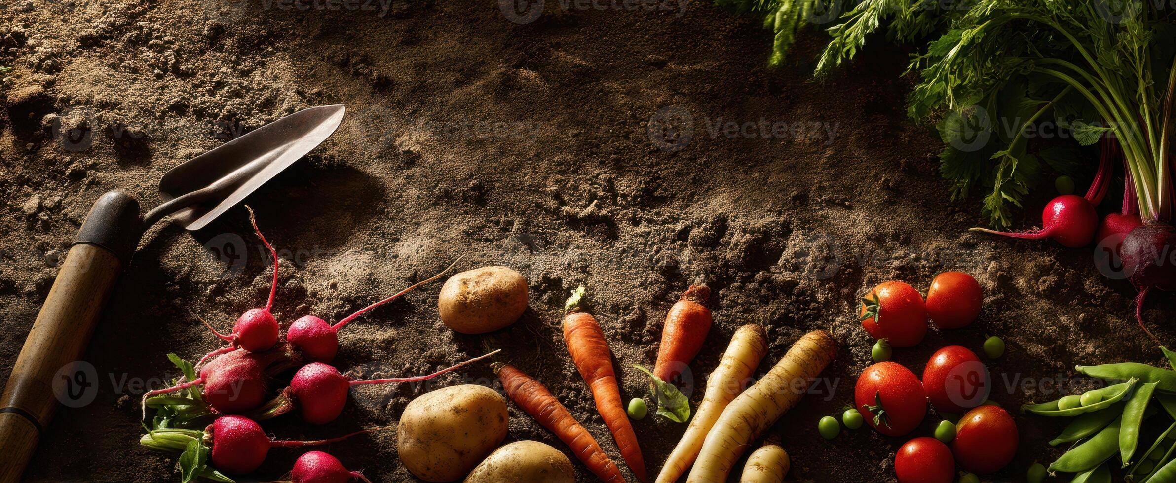 The arrangement of freshly harvested vegetables on rich soil. photo