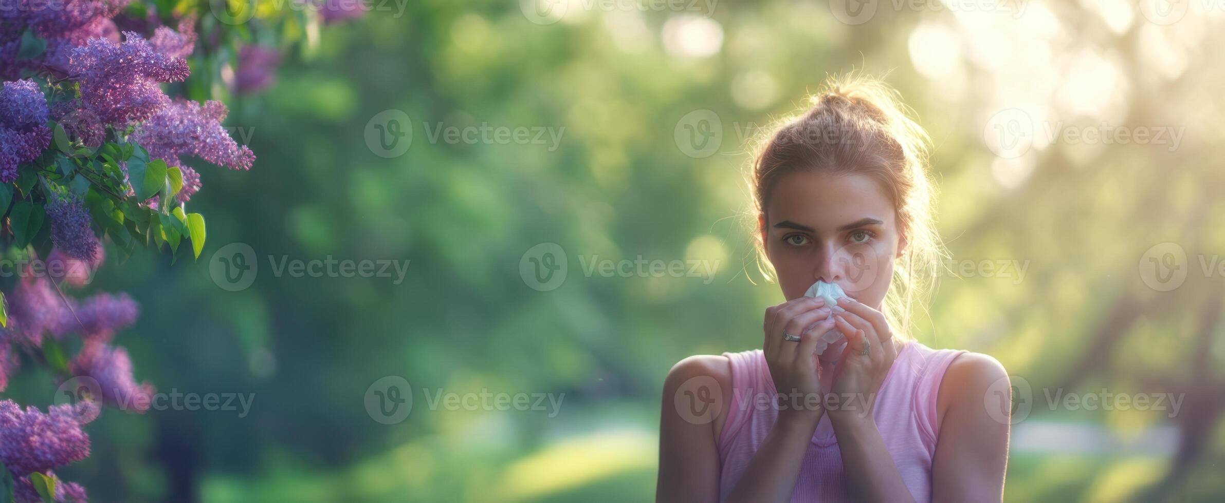 The young girl experiencing allergy symptoms in a beautiful garden. photo
